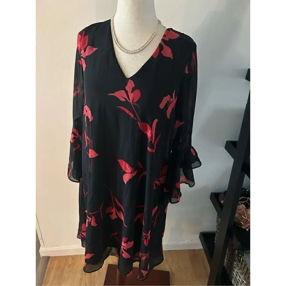 Calvin Klein flower dress black and red with ruffle around sleeves size 8